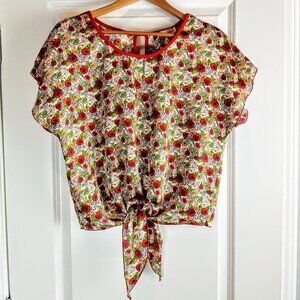 Via Vai Satin Floral Tie Waist Cap Sleeve Crop Top